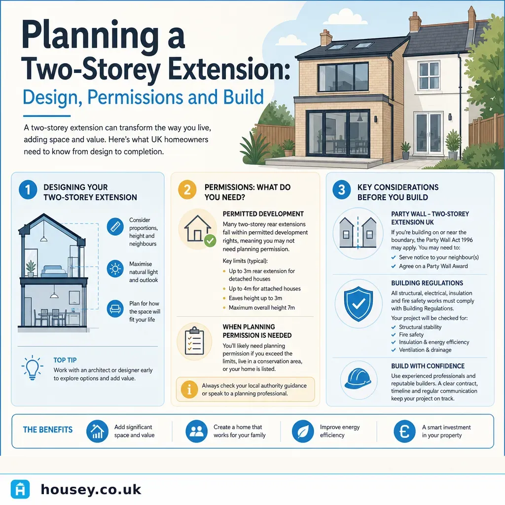 Infographic illustrating: Planning a Two-Storey Extension: Design, Permissions and Build