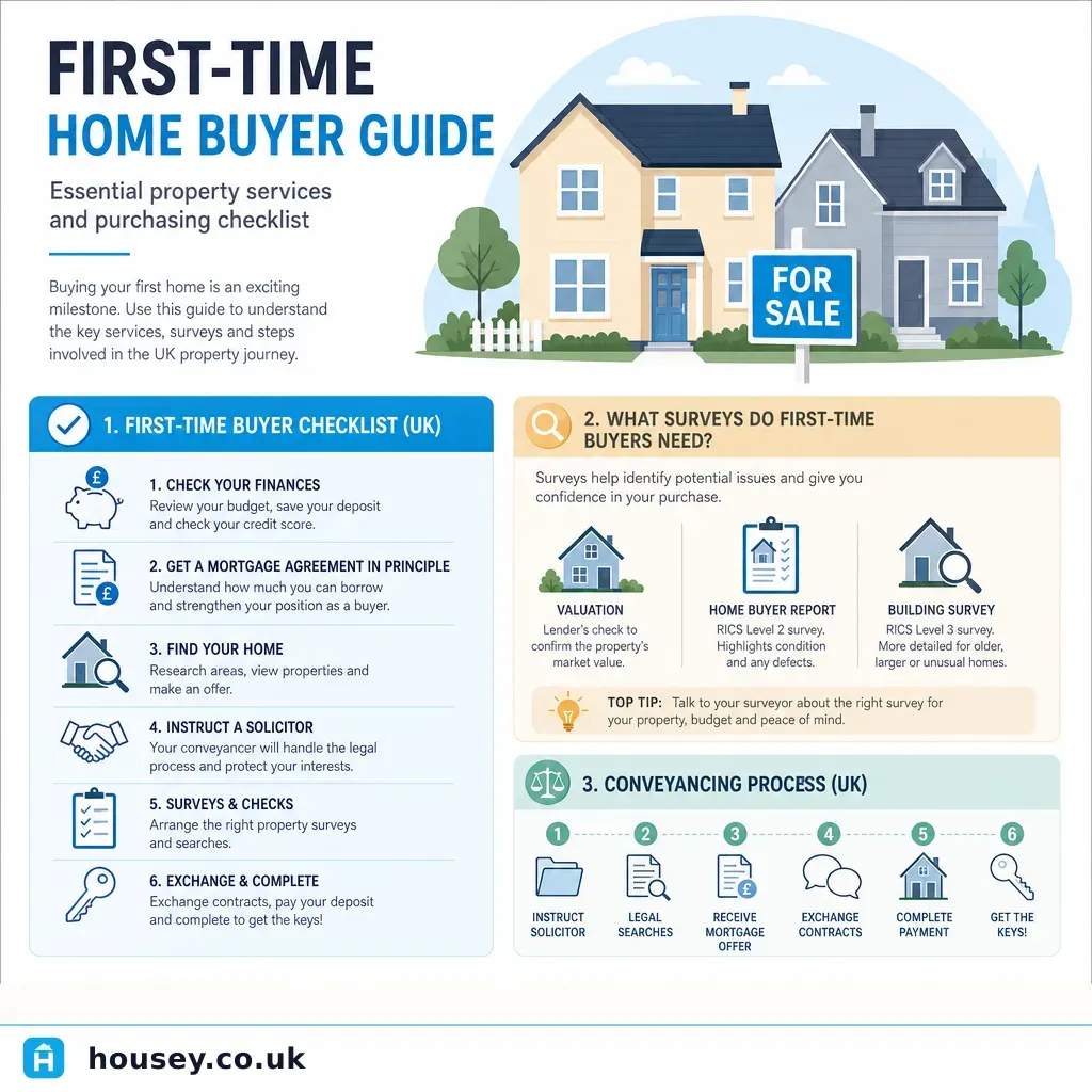 Infographic illustrating: First-time home buyer guide: essential property services and purchasing checklist