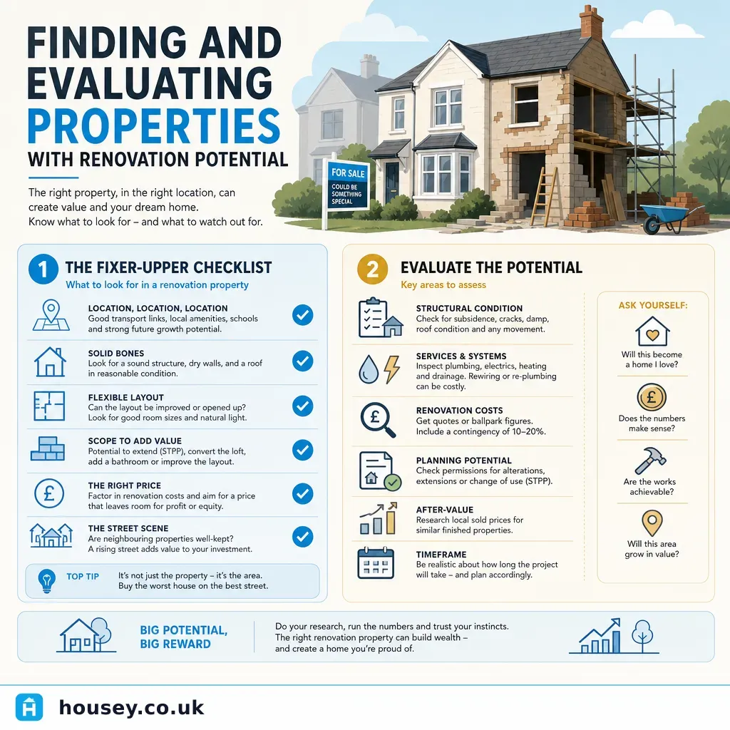 Infographic illustrating: Finding and Evaluating Properties With Renovation Potential