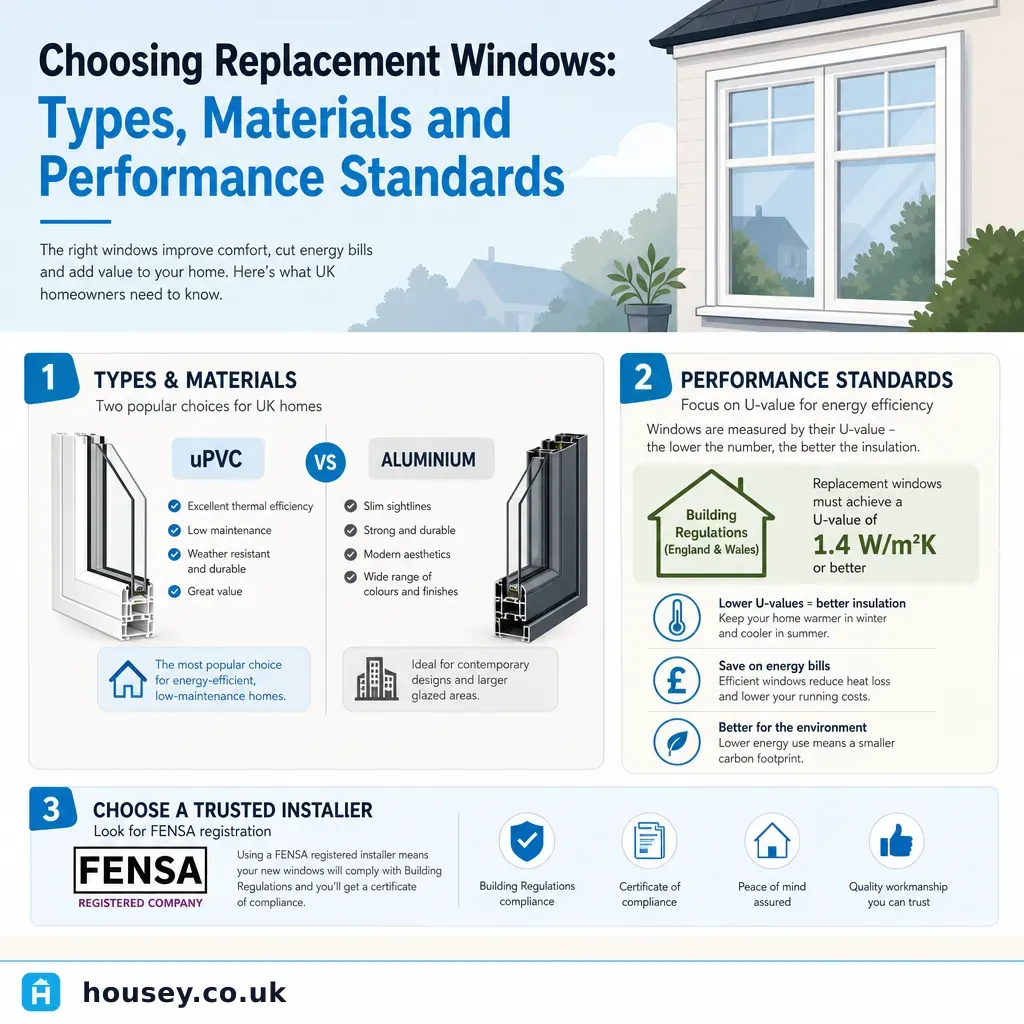 Infographic illustrating: Choosing Replacement Windows: Types, Materials and Performance Standards