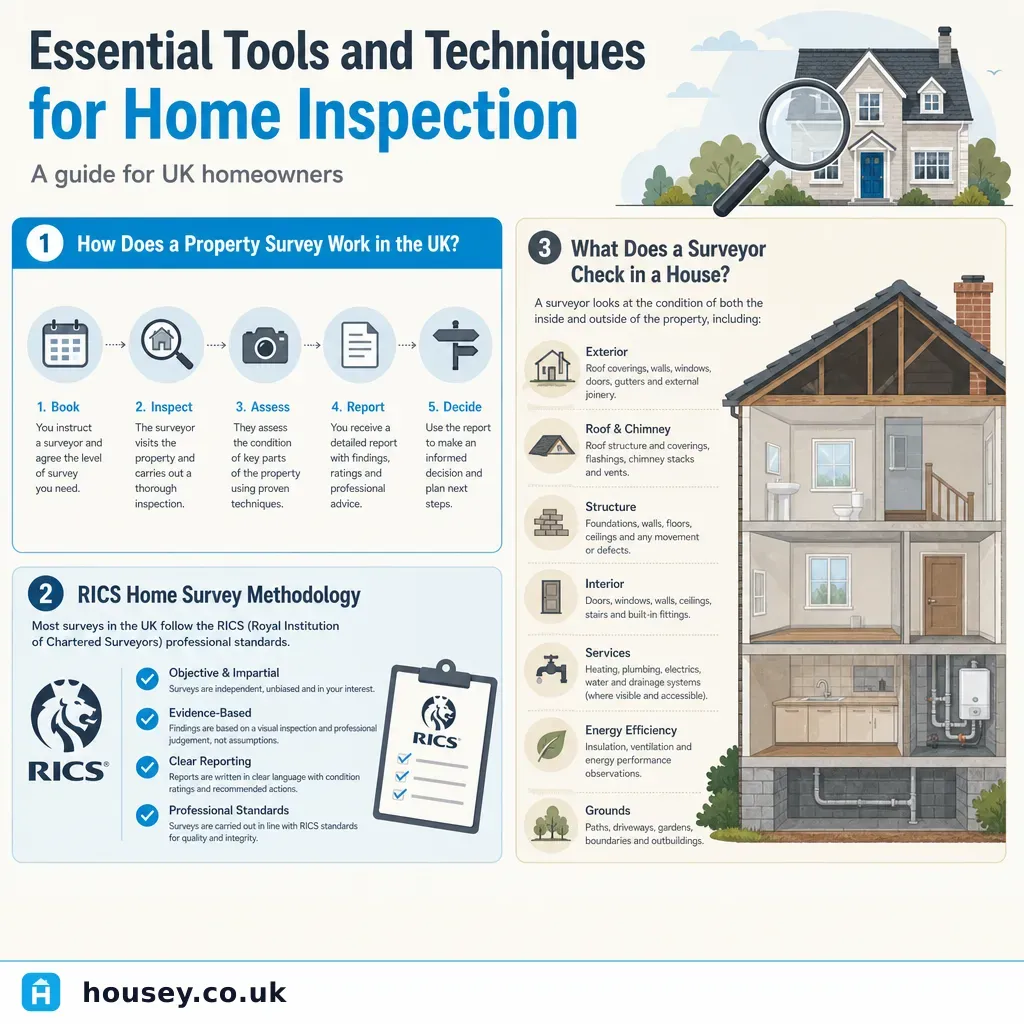 Infographic illustrating: Essential Tools and Techniques for Home Inspection