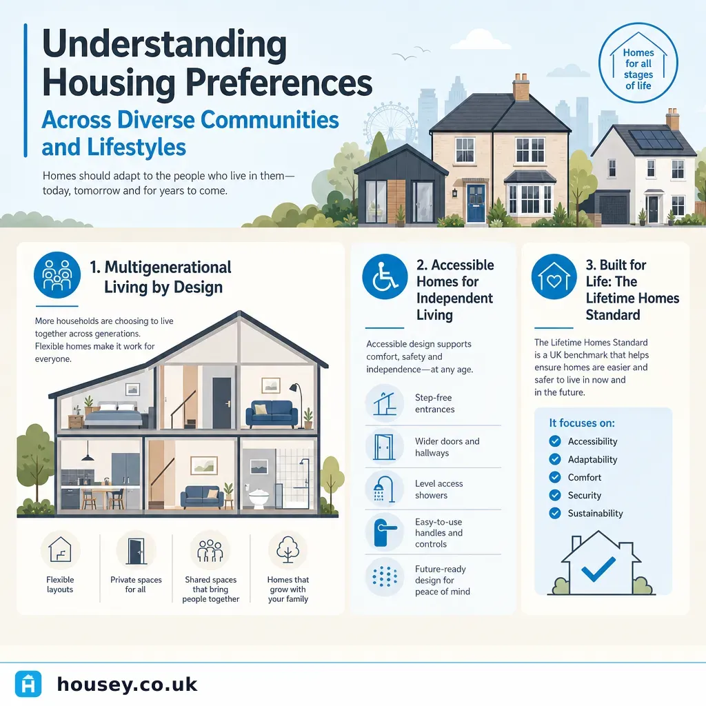 Infographic illustrating: Understanding Housing Preferences Across Diverse Communities and Lifestyles