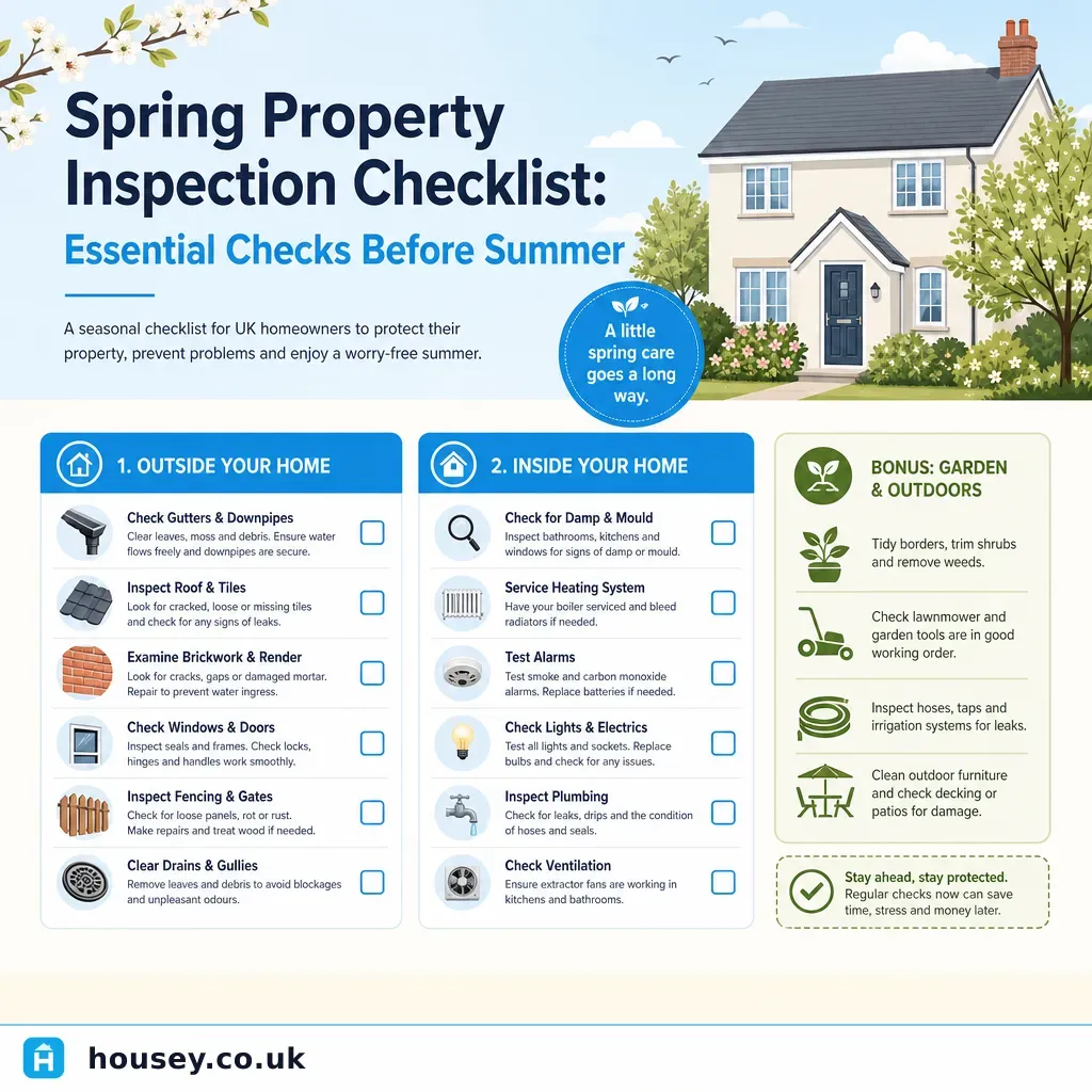 Infographic illustrating: Spring Property Inspection Checklist: Essential Checks Before Summer