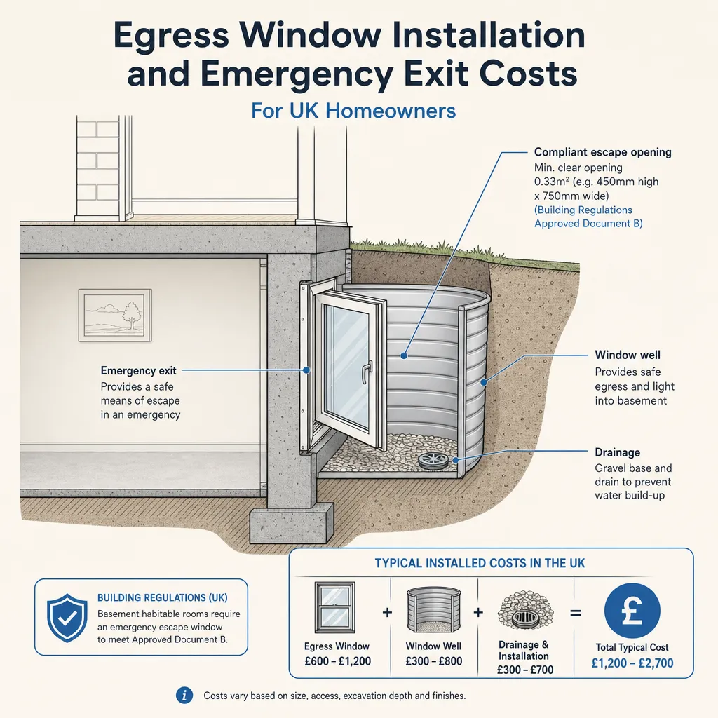Diagram illustrating: Egress Window Installation and Emergency Exit Costs