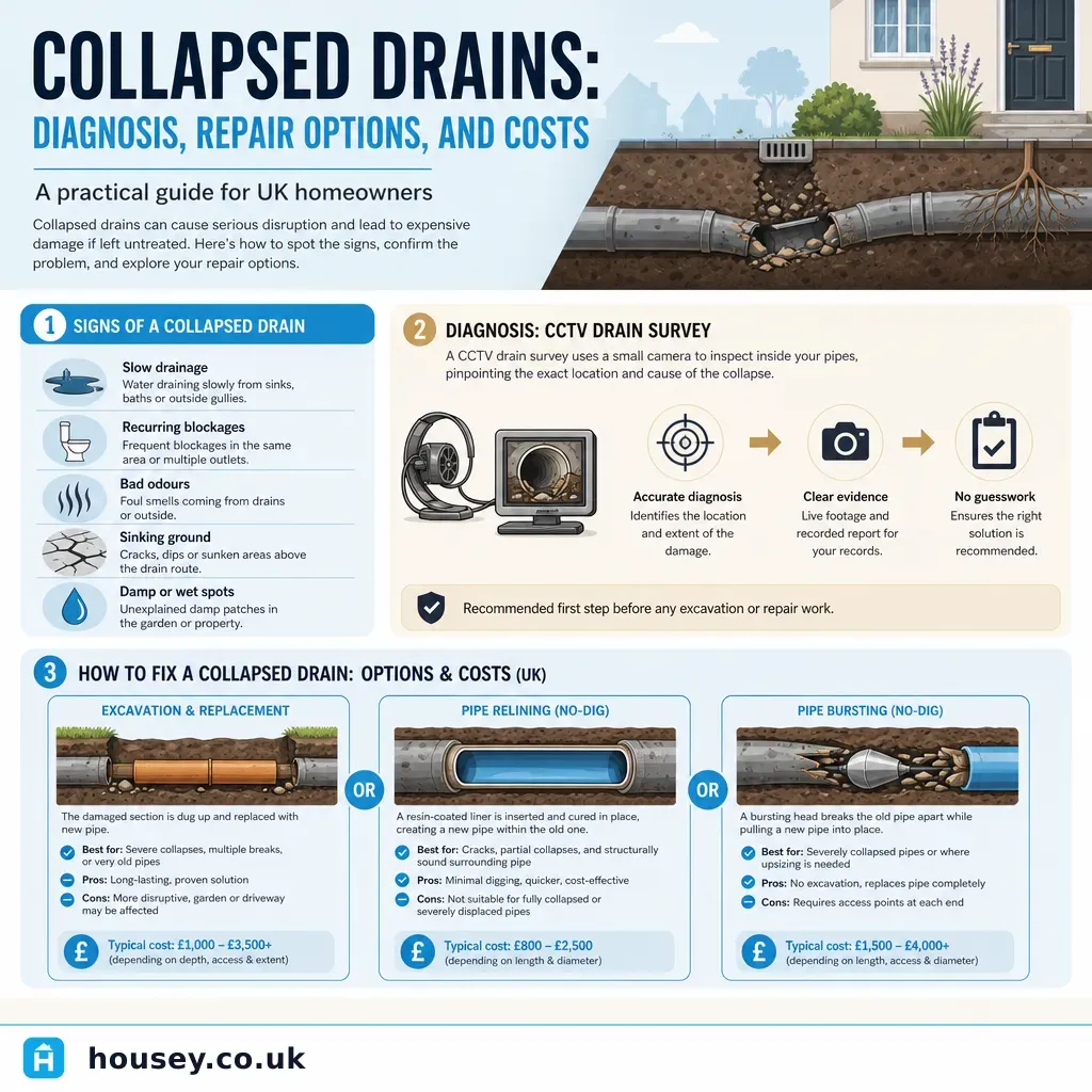 Infographic illustrating: Collapsed Drains: Diagnosis, Repair Options, and Costs