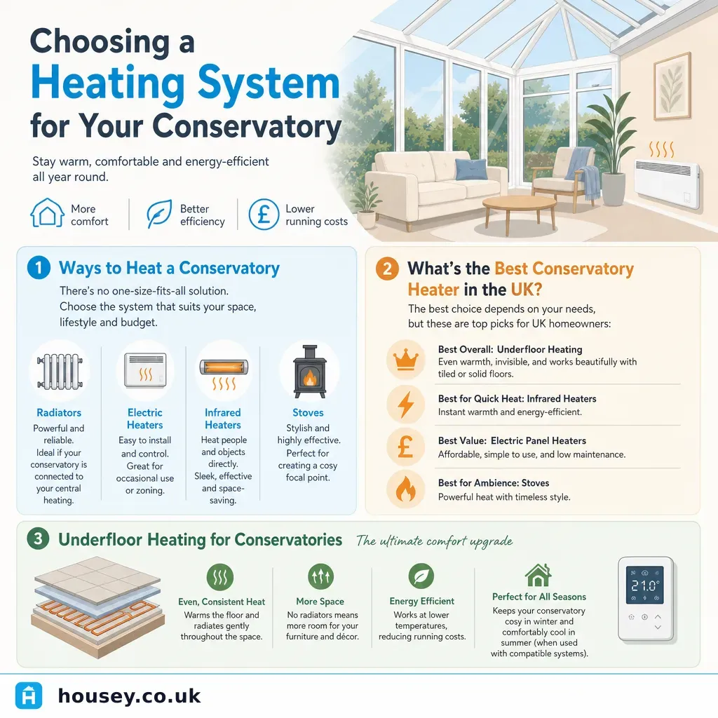 Infographic illustrating: Choosing a Heating System for Your Conservatory