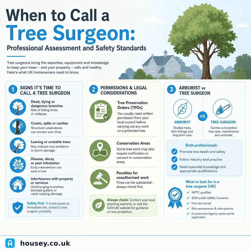 Infographic illustrating: When to Call a Tree Surgeon: Professional Assessment and Safety Standards