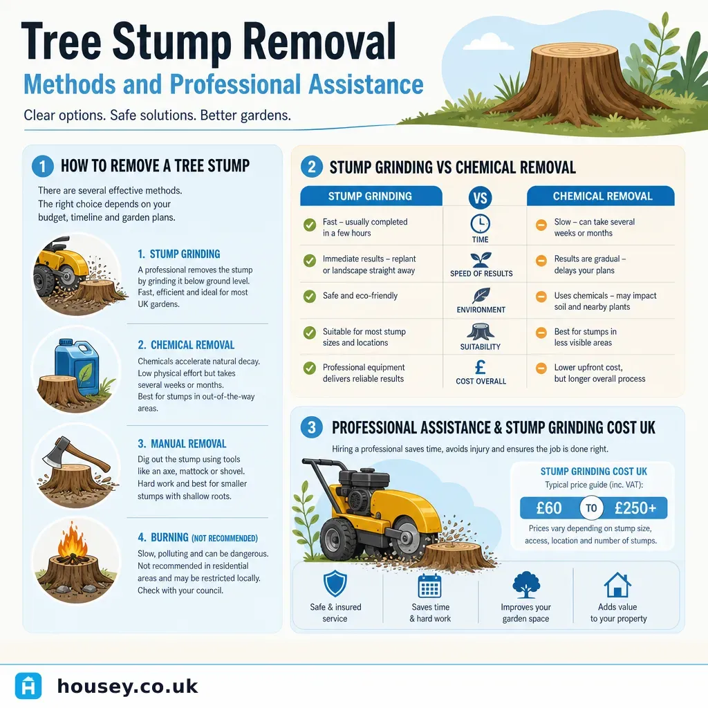 Infographic illustrating: Tree Stump Removal Methods and Professional Assistance