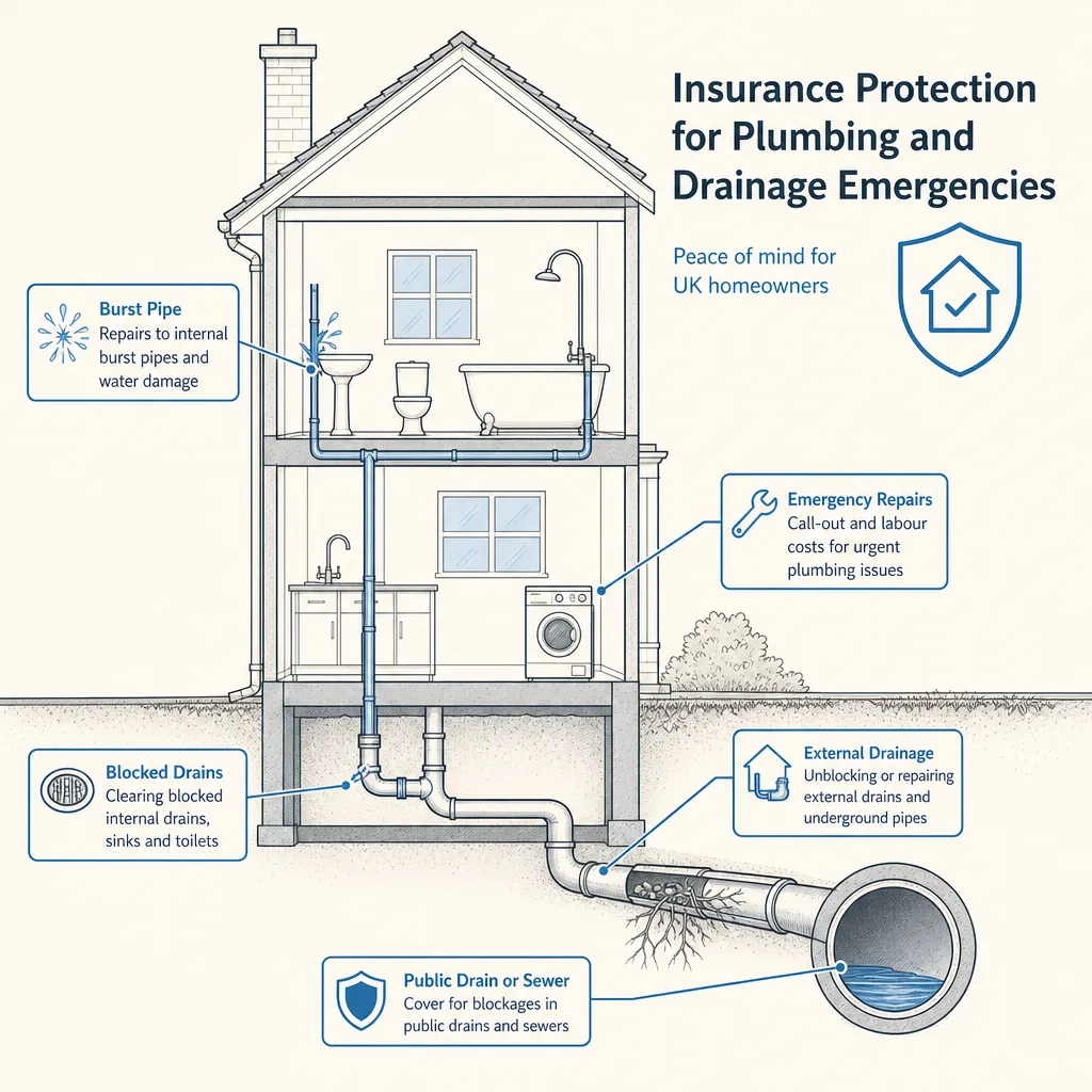 Diagram illustrating: Insurance Protection for Plumbing and Drainage Emergencies