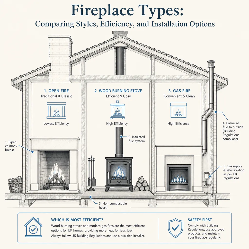 Diagram illustrating: Fireplace Types: Comparing Styles, Efficiency, and Installation Options