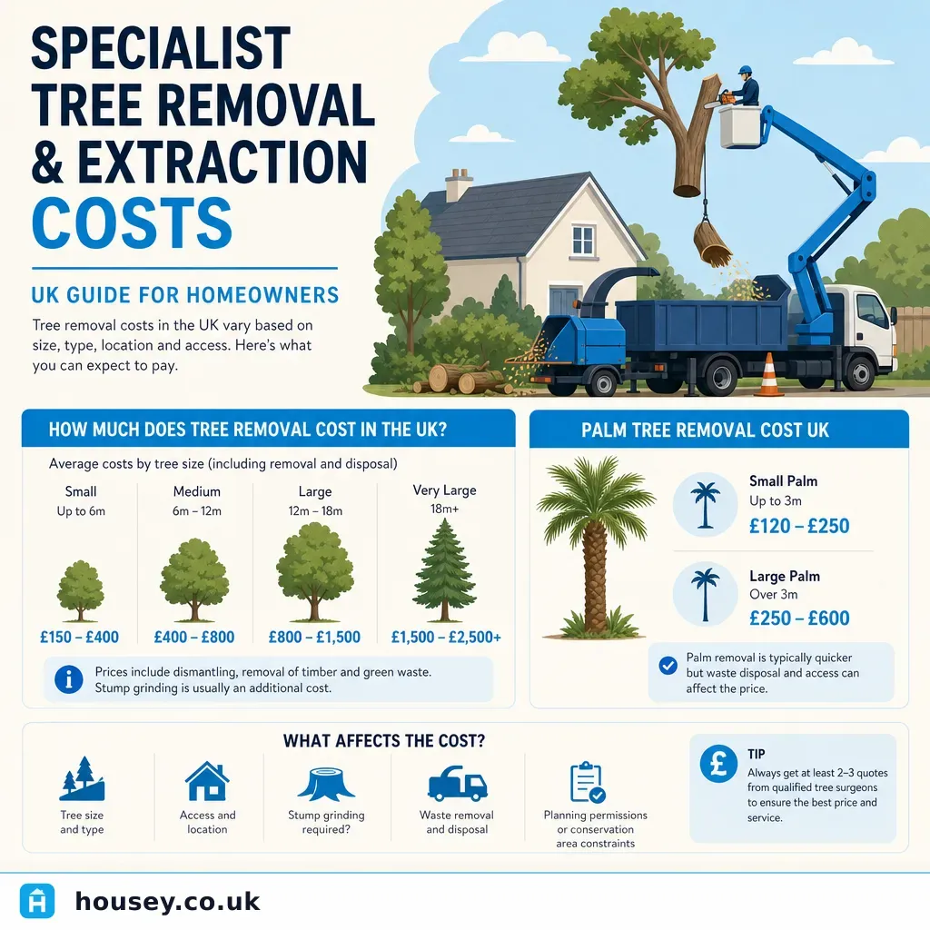 Infographic illustrating: Specialist Tree Removal and Extraction Costs