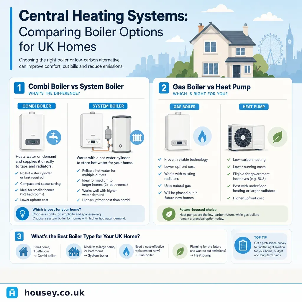 Infographic illustrating: Central Heating Systems: Comparing Boiler Options for UK Homes