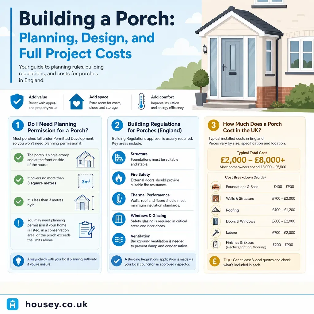 Infographic illustrating: Building a Porch: Planning, Design, and Full Project Costs