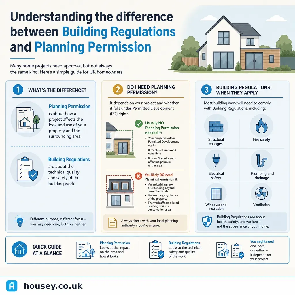 Infographic illustrating: Understanding the difference between building regulations and planning permission