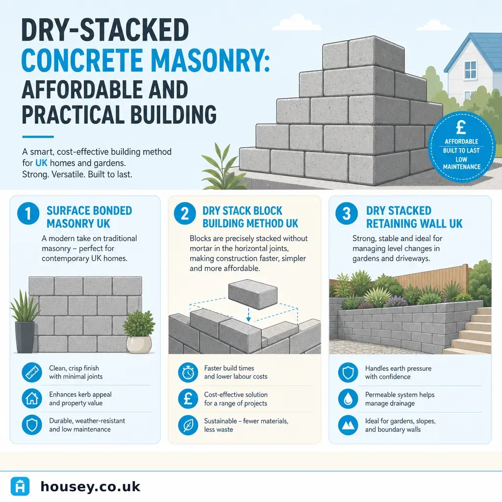 Infographic illustrating: Dry-Stacked Concrete Masonry: Affordable and Practical Building
