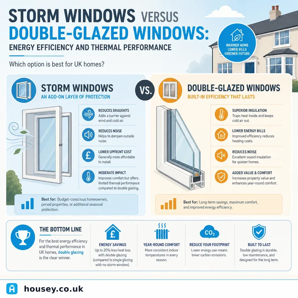 Infographic illustrating: Storm Windows versus Double-Glazed Windows: Energy Efficiency and Thermal Performance