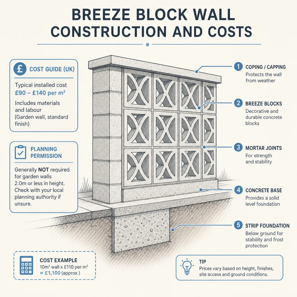 Diagram illustrating: Breeze Block Wall Construction and Costs