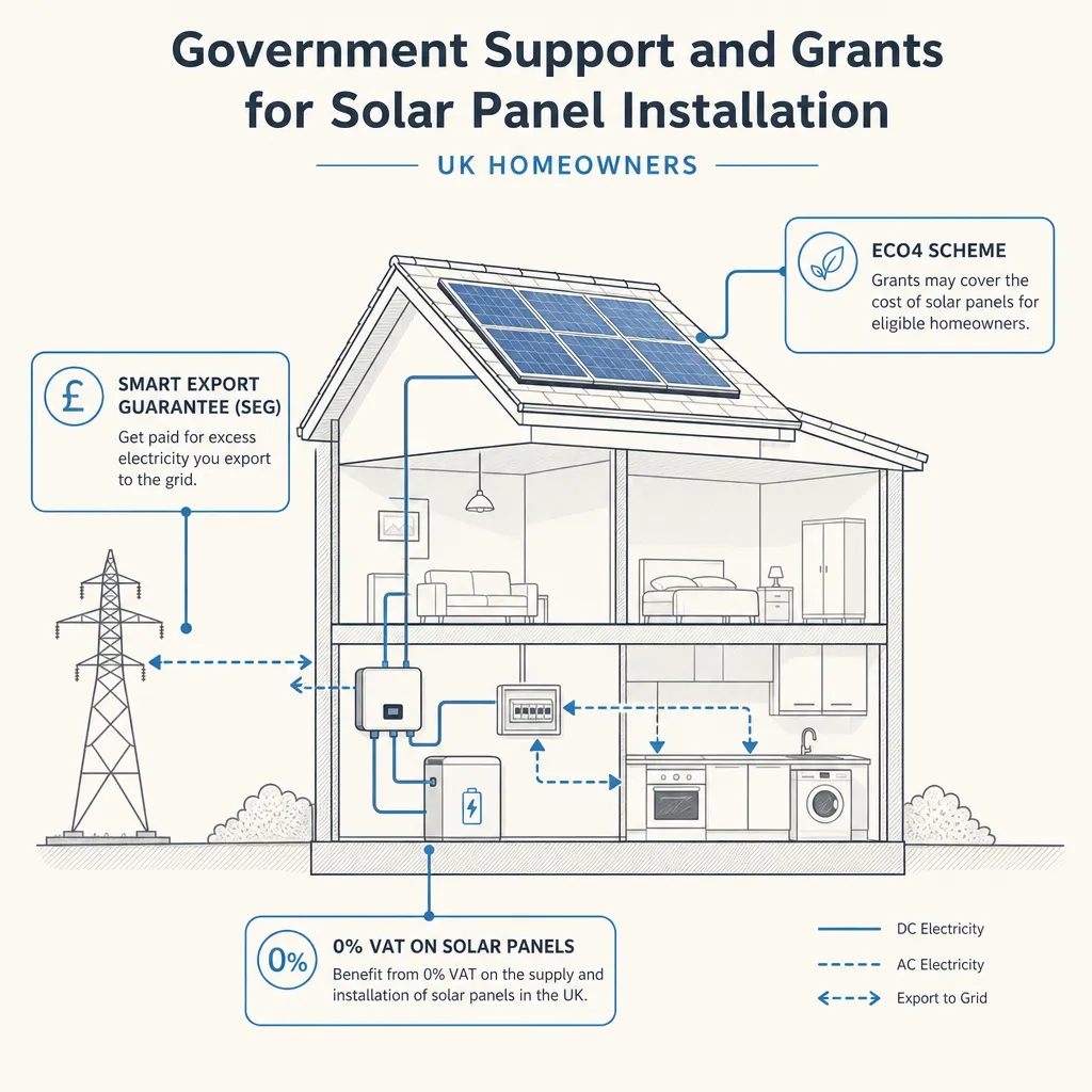 Diagram illustrating: Government Support and Grants for Solar Panel Installation