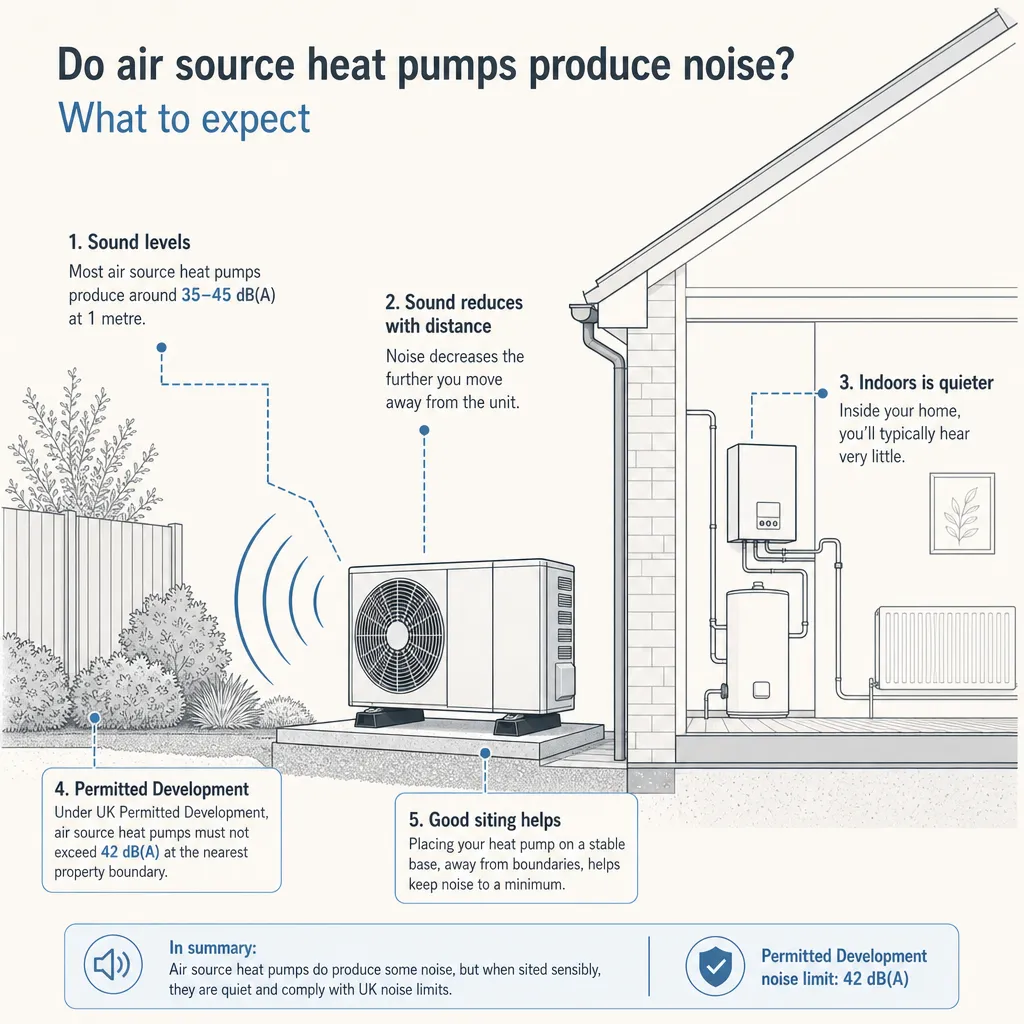Diagram illustrating: Do air source heat pumps produce noise? What to expect