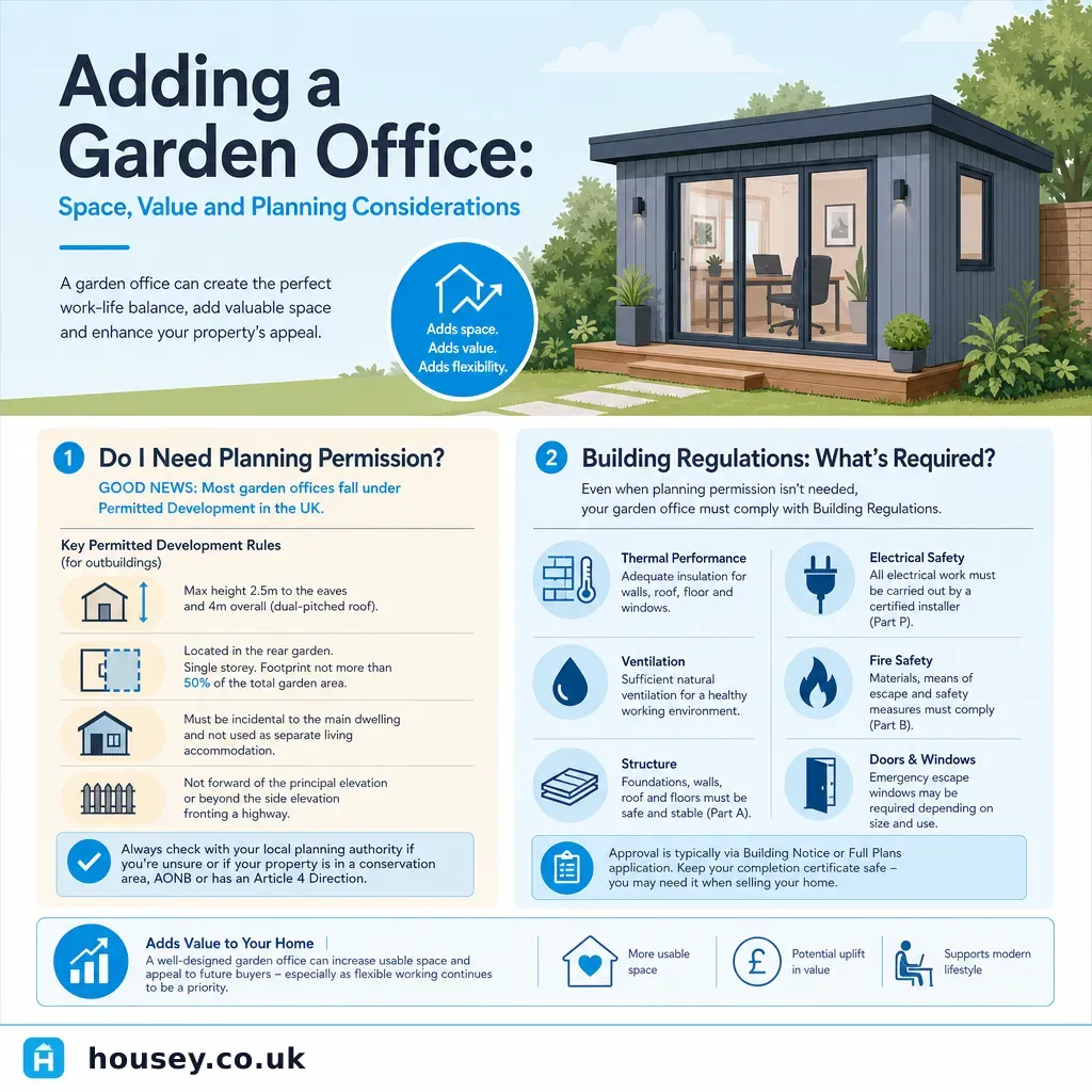 Infographic illustrating: Adding a Garden Office: Space, Value and Planning Considerations