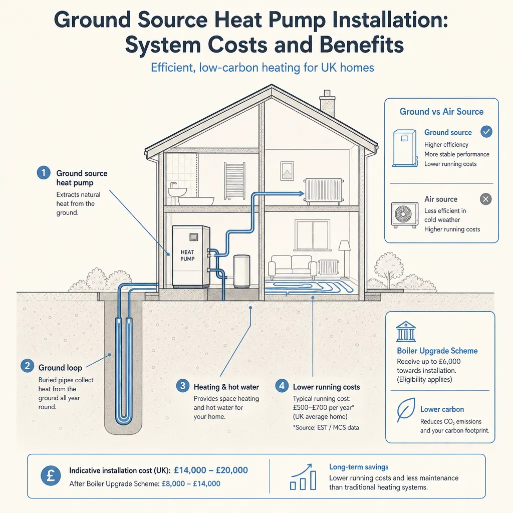 Diagram illustrating: Ground Source Heat Pump Installation: System Costs and Benefits
