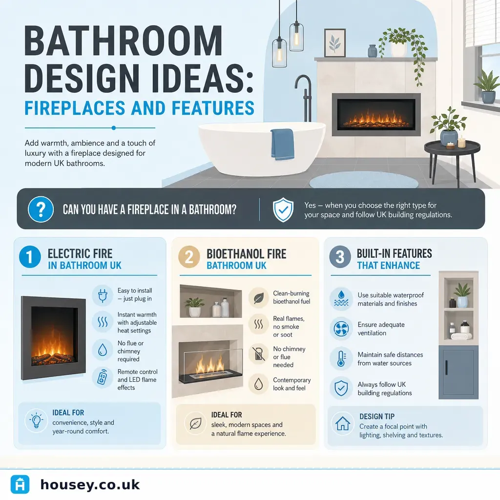Infographic illustrating: Bathroom Design Ideas: Fireplaces and Features