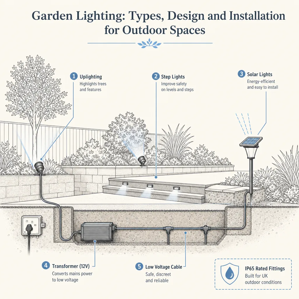 Diagram illustrating: Garden Lighting: Types, Design and Installation for Outdoor Spaces
