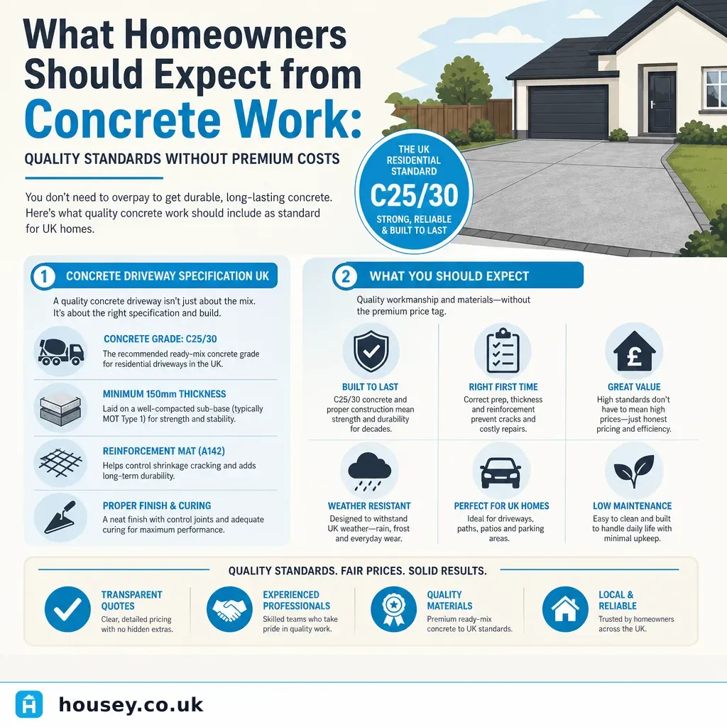 Infographic illustrating: What Homeowners Should Expect from Concrete Work: Quality Standards Without Premium Costs
