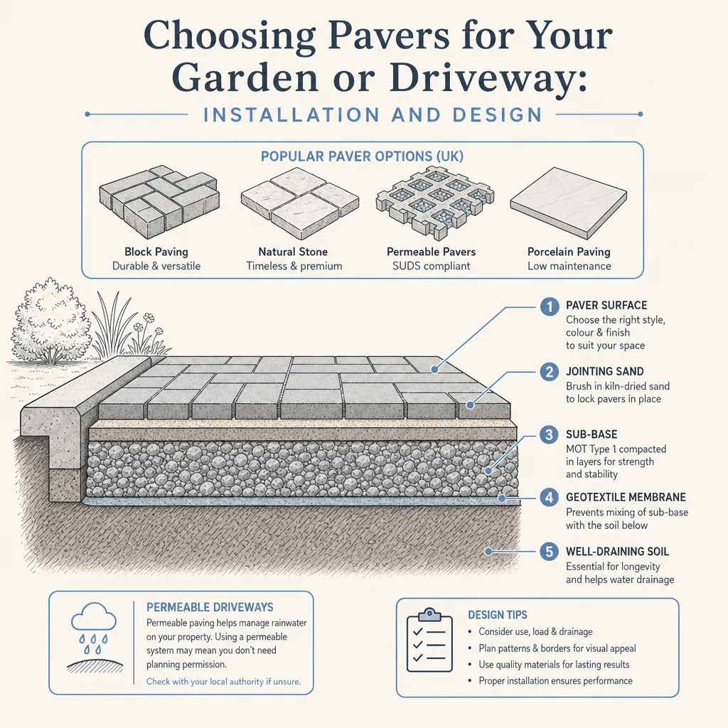 Diagram illustrating: Choosing Pavers for Your Garden or Driveway: Installation and Design