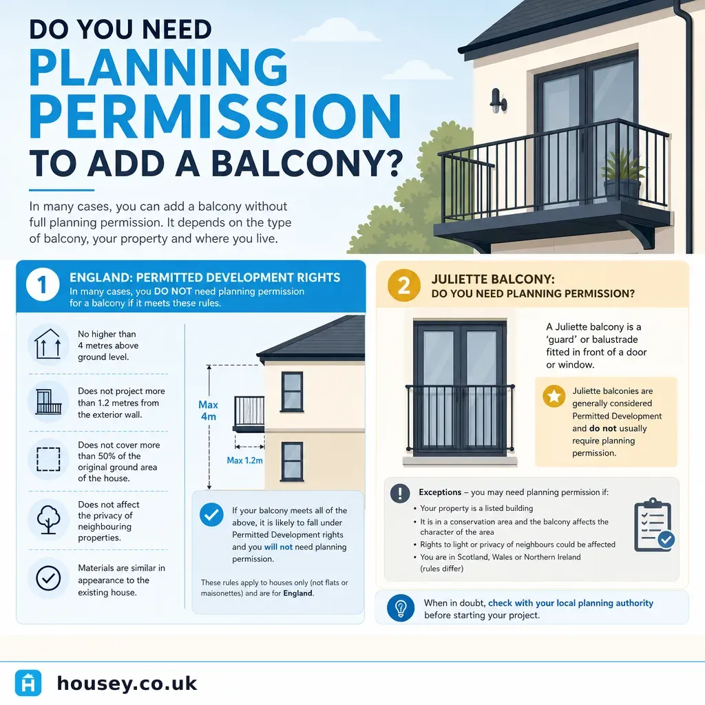 Infographic illustrating: Do you need planning permission to add a balcony?