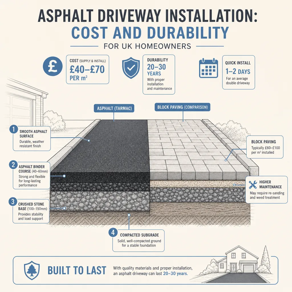 Diagram illustrating: Asphalt Driveway Installation: Cost and Durability
