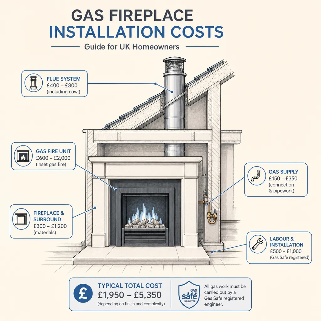 Diagram illustrating: Gas Fireplace Installation Costs