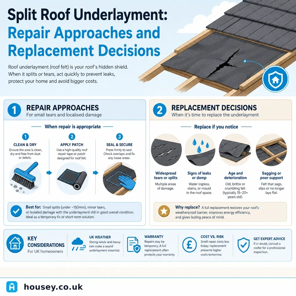 Infographic illustrating: Split Roof Underlayment: Repair Approaches and Replacement Decisions