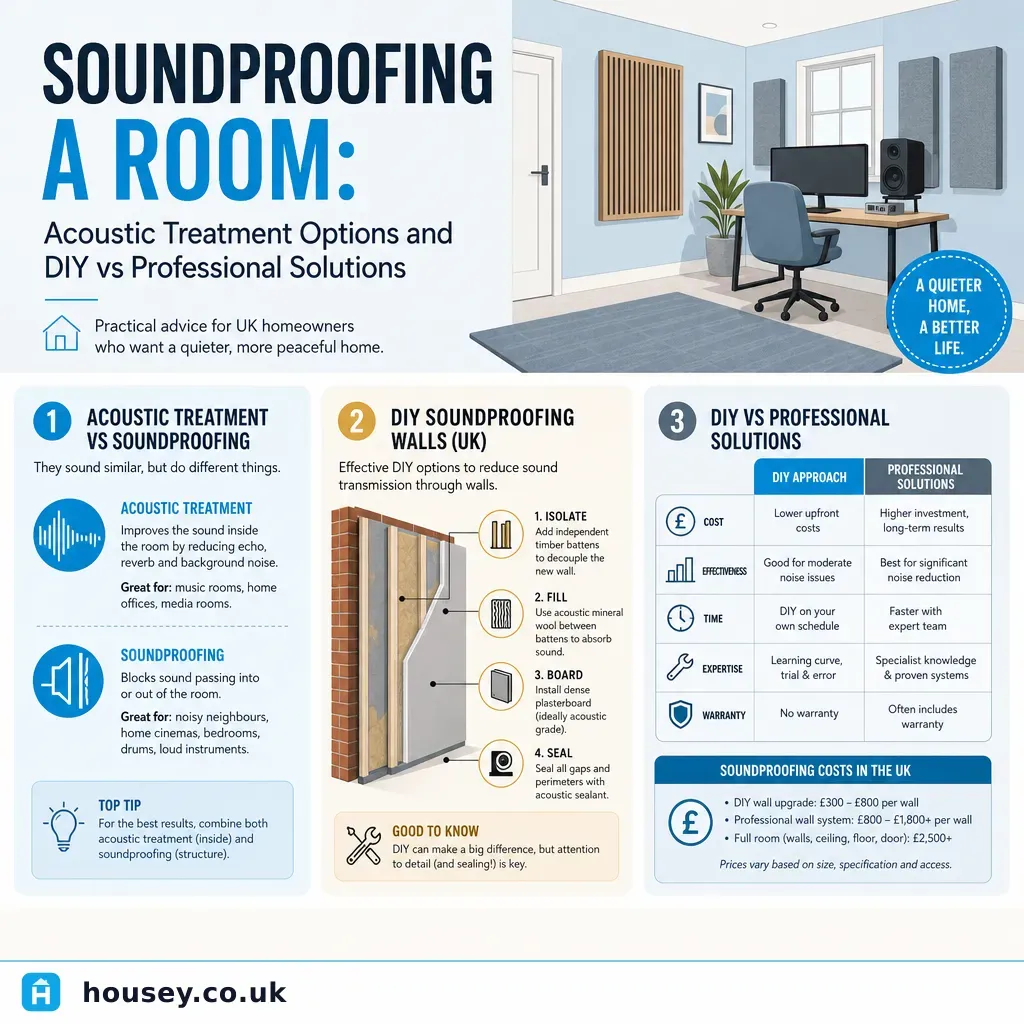 Infographic illustrating: Soundproofing a Room: Acoustic Treatment Options and DIY vs Professional Solutions