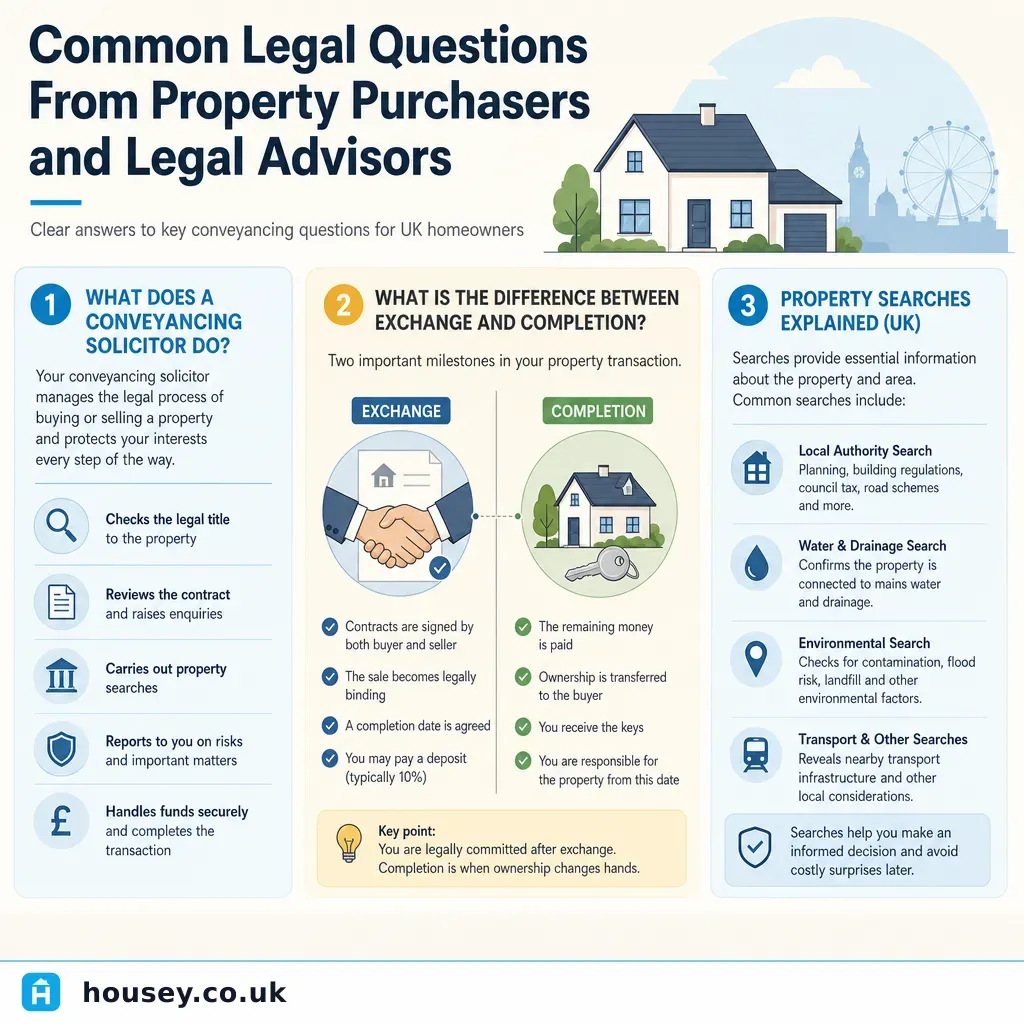 Infographic illustrating: Common Legal Questions From Property Purchasers and Legal Advisors