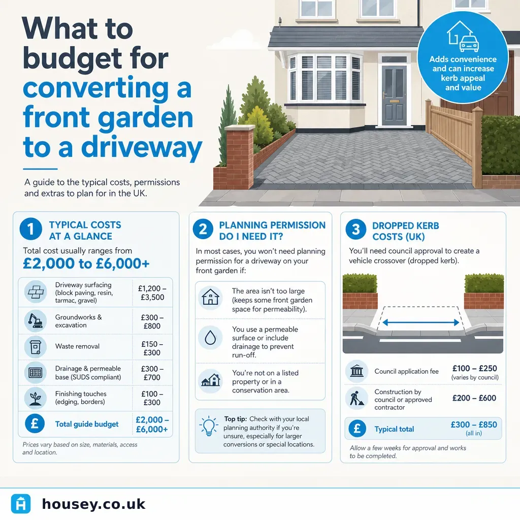 Infographic illustrating: What to budget for converting a front garden to a driveway