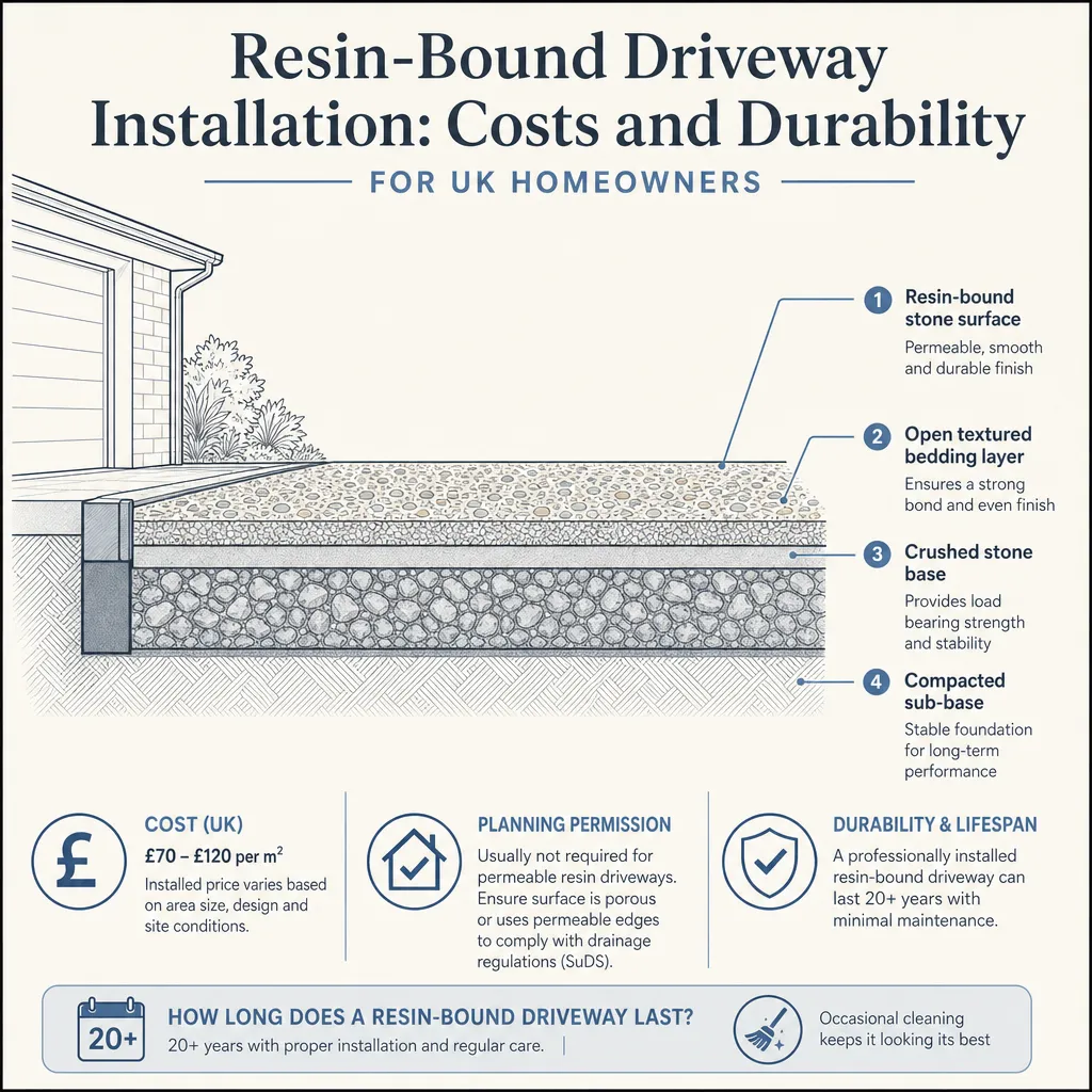 Diagram illustrating: Resin-Bound Driveway Installation: Costs and Durability