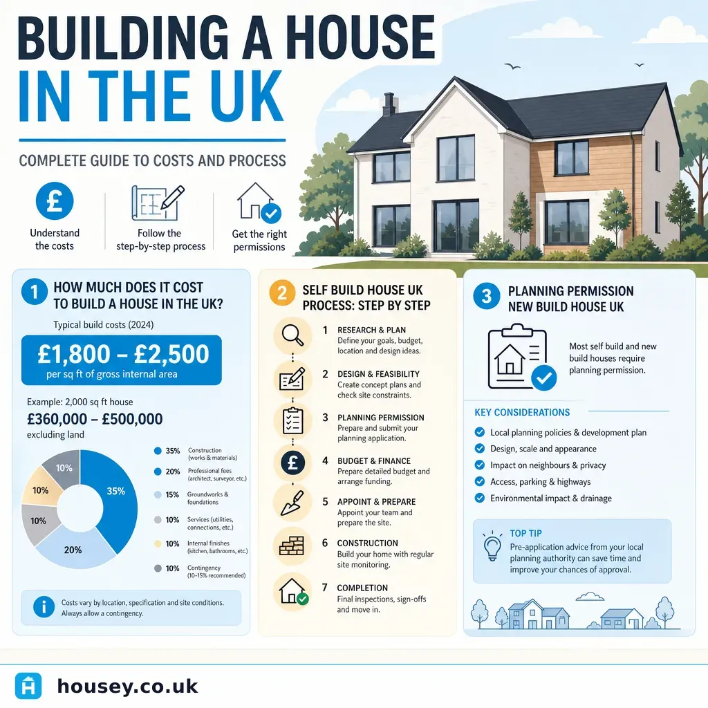 Infographic illustrating: Building a House in the UK: Complete Guide to Costs and Process