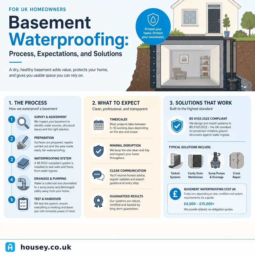 Infographic illustrating: Basement Waterproofing: Process, Expectations, and Solutions
