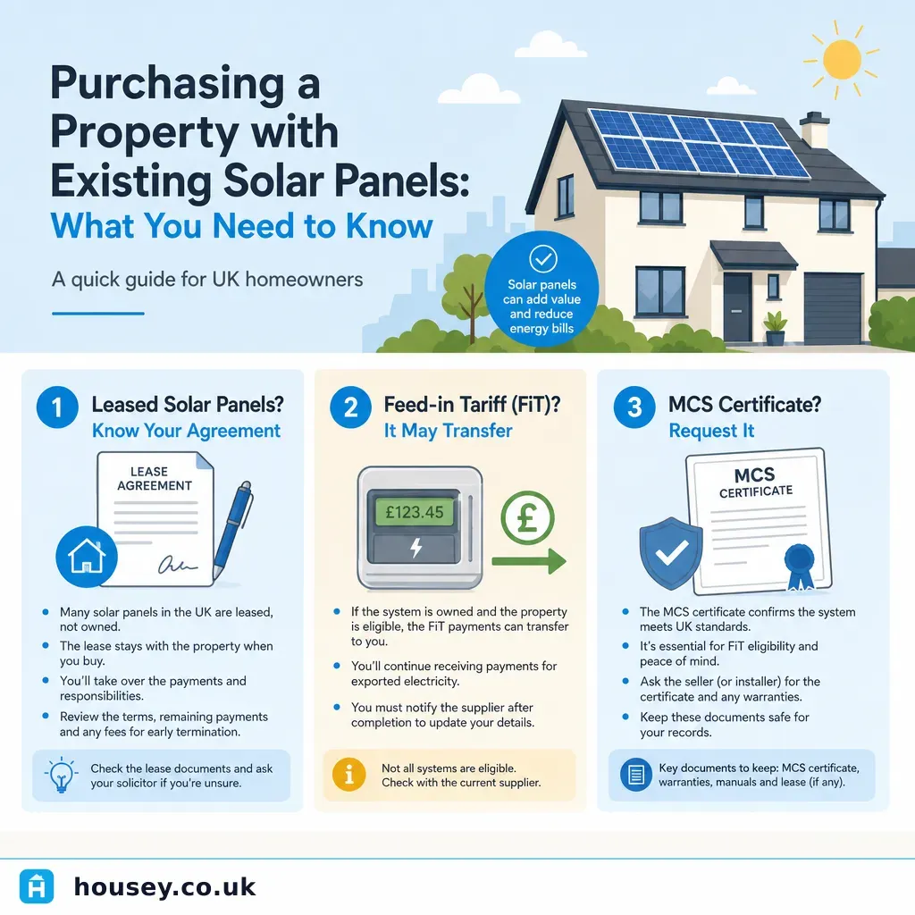 Infographic illustrating: Purchasing a Property with Existing Solar Panels: What You Need to Know