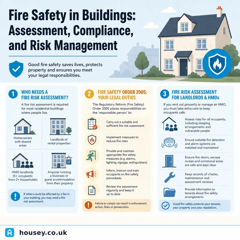 Infographic illustrating: Fire Safety in Buildings: Assessment, Compliance, and Risk Management
