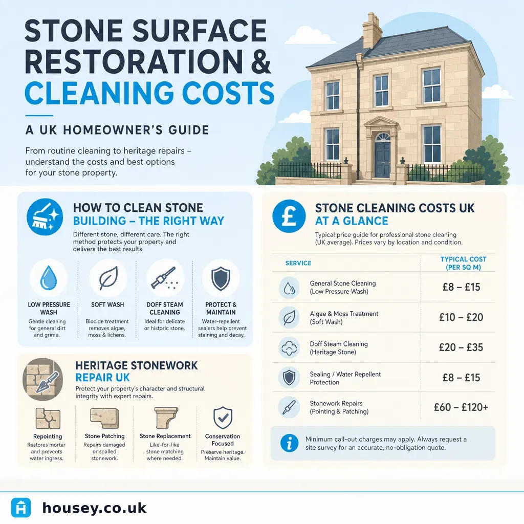 Infographic illustrating: Stone Surface Restoration and Cleaning Costs