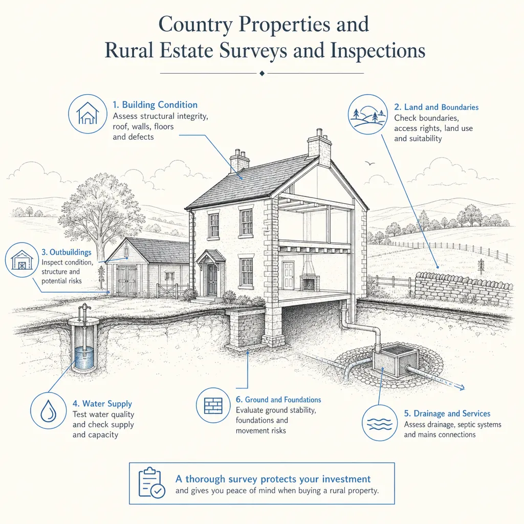 Diagram illustrating: Country Properties and Rural Estate Surveys and Inspections
