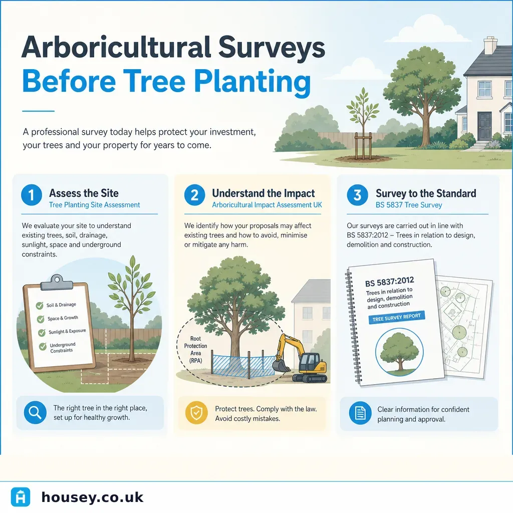 Infographic illustrating: Arboricultural Surveys Before Tree Planting