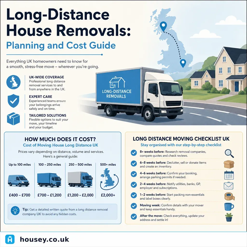 Infographic illustrating: Long-Distance House Removals: Planning and Cost Guide