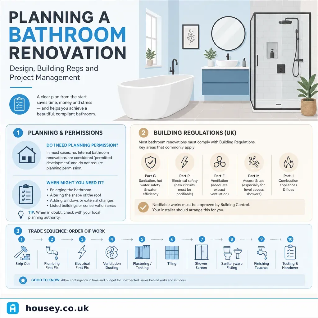 Infographic illustrating: Planning a Bathroom Renovation: Design, Building Regs and Project Management