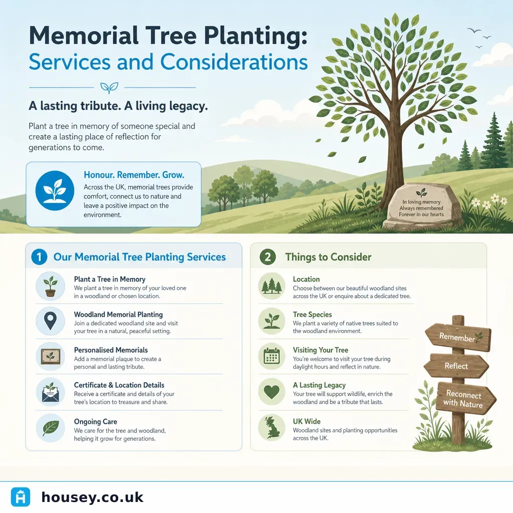 Infographic illustrating: Memorial Tree Planting: Services and Considerations