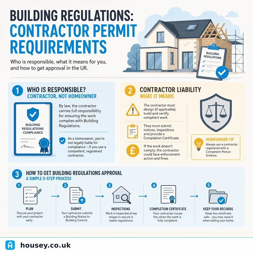 Infographic illustrating: Building Regulations: Contractor Permit Requirements