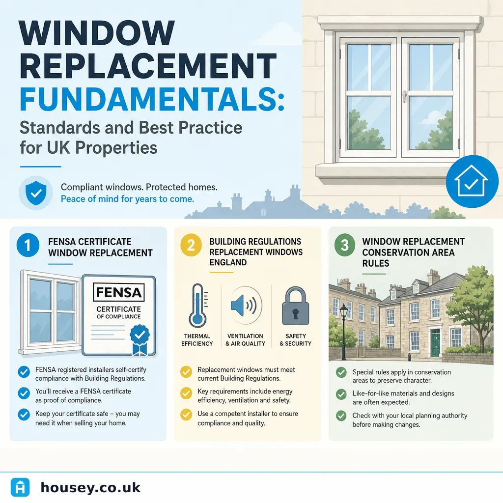 Infographic illustrating: Window Replacement Fundamentals: Standards and Best Practice for UK Properties