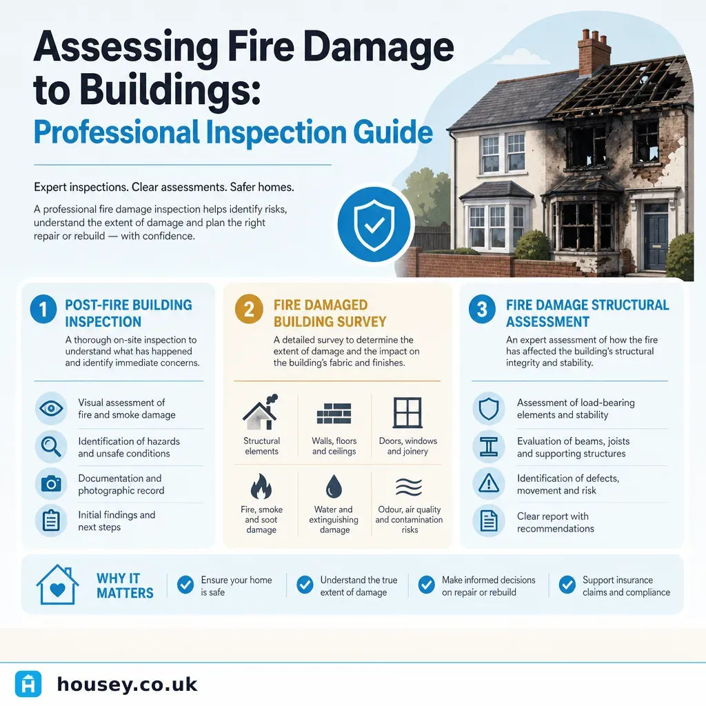 Infographic illustrating: Assessing Fire Damage to Buildings: Professional Inspection Guide